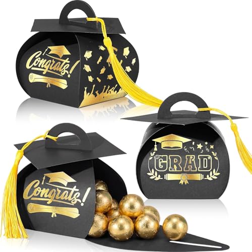Spakon 30 Pcs Graduation Cap Gift Box Graduation Party Favors Candy Boxes Treat Box with Tassel Table Centerpieces Class of 2026 Grad Decorations(Black, Gold)