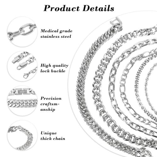 Image of SANNIDHI 6Pcs Bracelet for Man Women Silver Stainless Steel Cuban Link Men Bracelet Metal Rope Paperclip Stackable Bracelets Set Birthday Valentine's Day Gifts for Men