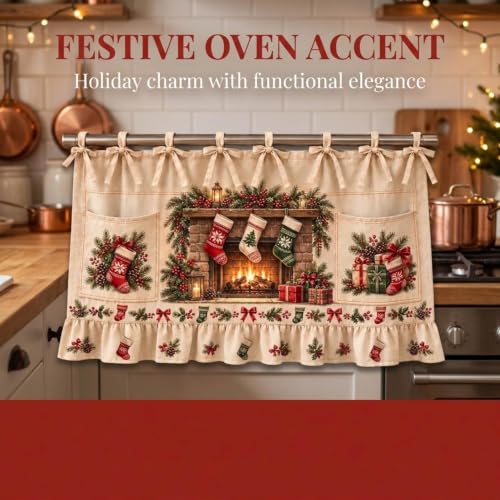 Aufmer Vintage Fireplace Print Christmas Oven Skirt Curtains W/ 2 Pockets - image 7
