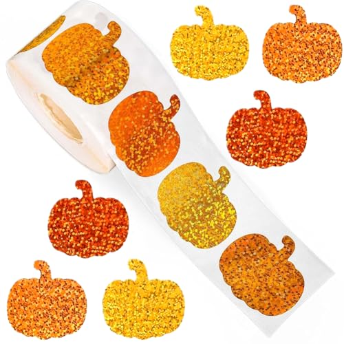 500Pcs Fall Thanksgiving Stickers Rolls 1in Laser Halloween Pumpkin Sticker 3 Orange Colors Sparkly Self-Adhesive Autumn Stickers Roll for Thanksgiving Party Envelope Seals Decorations