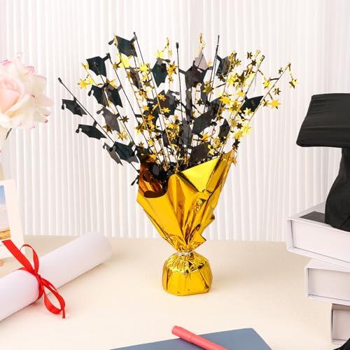 Image of 6 Packs Graduation Decorations Centerpieces for Tables Metallic Foil Star Graduate Cap Burst Tabletop Display in Black and Gold for 2026 Grad Ceremonies Celebrations Party Decor Supplies 12 inch