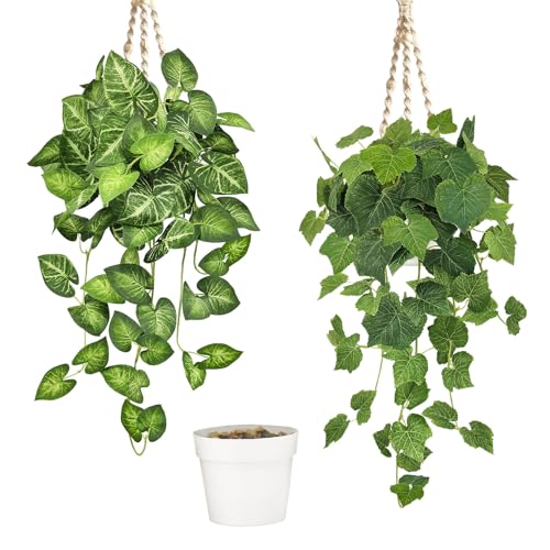 YMIFEEY 2 Stück Hängepflanze Künstlich im Topf Kunstpflanze Hängend Künstliche Pflanzen Wie Echt Plastik Pflanze Hängepflanzen Fake Plant für Zimmer Bad Regal Indoor Outdoor Deko (Taro-&Weinblätter)
