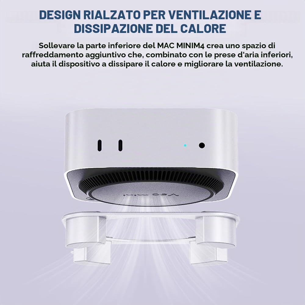 Supporto per Mac mini M4, Supporto in Alluminio per Mac mini M4 e M4 Pro, Mac Mini M4 Supporto Raffreddamento Migliorato, Accesso al Pulsante di Accensione, Antiscivolo (Argento)