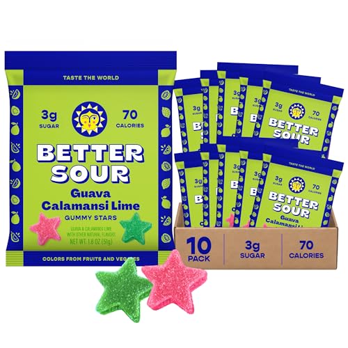 Better Sour Guava Calamansi Lime Gummy Stars Candy Guava Sour Candy with Bold Tropical Flavor Healthy Sour Candy Gluten Free Snack Fiber Gummies with Fiber Support (Pack of 10)