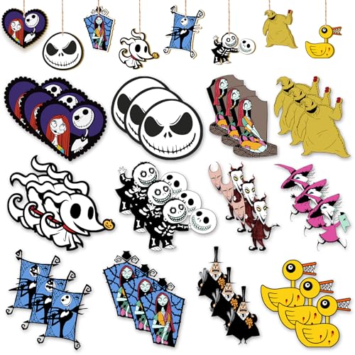 36 PCS Halloween Christmas Jack Sally Wooden Hanging Ornaments for Tree, Wood Nightmare Christmas Tree Decorations Before Spooky Decor Indoor Home Party Gifts