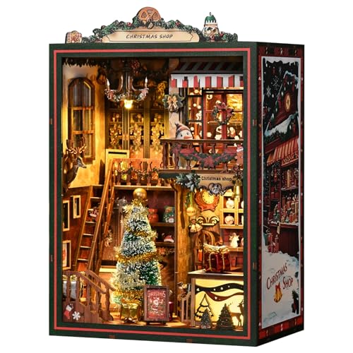 FLTRXCE Christmas Shop Book Nook Kit DIY Miniature House Kit with LED Lights & Rotating Music - 3D Wooden Puzzles for Adults Festive Bookshelf Decor Ideal Gift for Family & Friends
