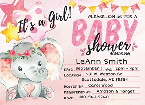 Deluxe Pink Elephant Baby Shower Invitations, Jungle, Tropical Safari Animals, Its A Girl Party Invites, 20 Large Double Sided 5 X 7" Flat Fill In Cards With Pink Envelopes #TOP2