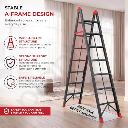 Image of Plantex Ultrafold Ladder for Home 7 Steps /Heavy-Duty A-Frame 2 Way Step Ladder for Home /Office /Kitchen /Warehouse /Space-Saving Collapsible Ladder (150 kg Capacity,Black & Red)