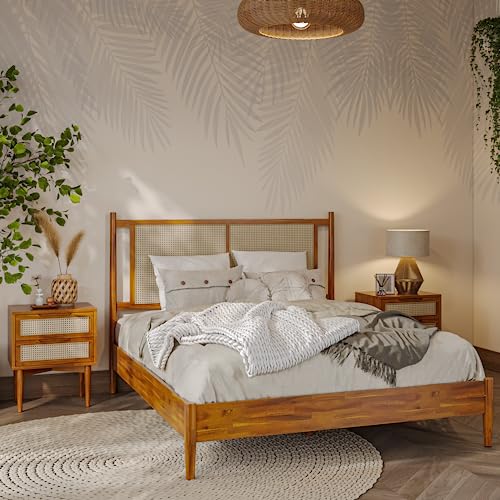 Image of Bme Oliver 15-Inch Queen Bedframe with Rattan Headboard, Bohemian, Caramel