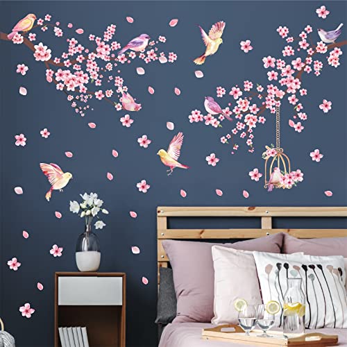 Cherry Blossom Wall Stickers Pink Flower Tree Branch Wall Decals for Girls Bedroom Living Room Spring Floral Birds Wall Art Mural Peel and Stick for Kitchen Nursery TV Background Wall Decoration