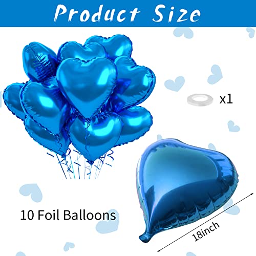 Image of Blue Foil Heart Balloons, 10PCS 18inch Love Shape for Helium Birthday Party Decorations, Boys Men, Baby Shower, Valentines, Wedding, Anniversary