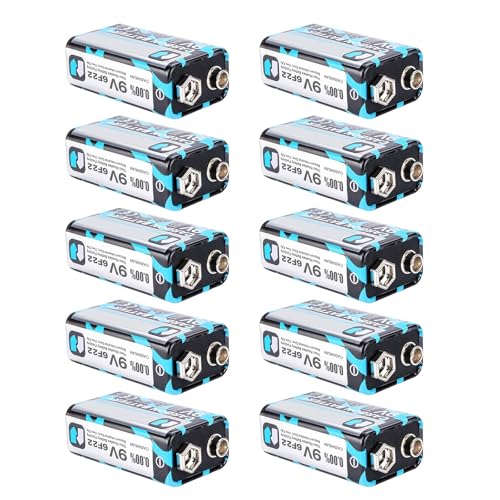 1. Paquete de 10 baterías 6F22 de 9 V con tiempo de funcionamiento extendido para detectores, pedales de guitarra y sensores industriales con diseño sin fugas