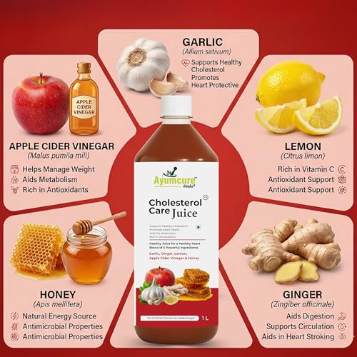 Image of Ayumcure Cholesterol Care Juice | Ayurvedic Heart Health Drink with Garlic, Ginger, Lemon, Apple Cider Vinegar & Honey | Supports Healthy Cholesterol & Triglyceride Levels|Sugar-Free|1L (Pack of 3)