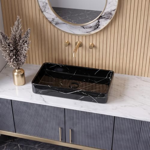 Image of Wash Basin Countertop | Tabletop Ceramic Bathroom Sink | Wash Basin Over Counter | (24 x 14 x 5 Inch) (Black White Stripe)