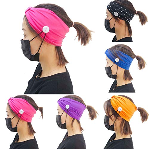 ORNOOU 6 Pieces Fashion Headbands with Buttons for Protect Your Ears Elastic Hair Accessories for Nurses Doctors Turban Headwrap for Yoga Sport,Random Color