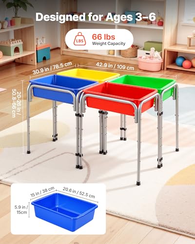 Image of VEVOR Sensory Table for Toddlers, Kids 4-Station Sand and Water Adjustable Play Table with Detachable Storage Bins and Non-Slip Feet, Carbon Steel Frame, Rounded Corners, for Boys and Girls Exploring
