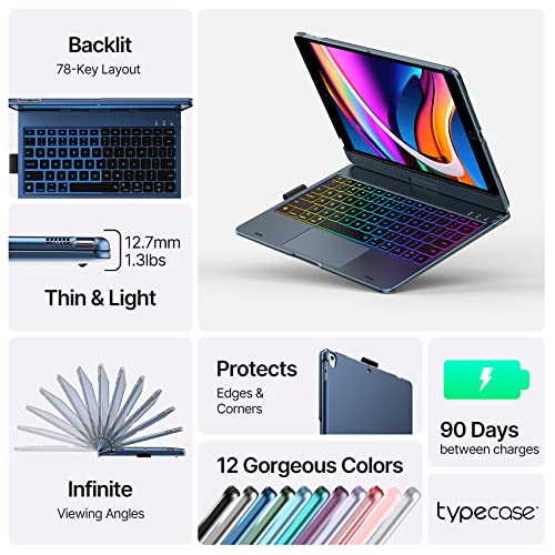 Image of typecase Touch iPad 9th Generation Case with Keyboard (10.2 inch, 2021), Multi-Touch Trackpad, 10 Color Backlight, 360 Rotatable, Thin & Light for 8th Gen (2020), 7th Gen (2019), Air 3 (Midnight Blue)