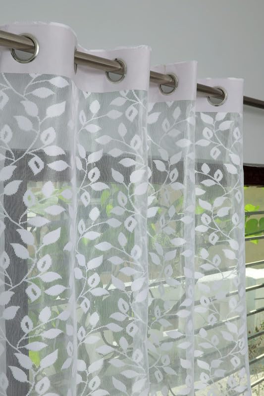 Polyester Leaf Print Light Weight Sheer Net Curtain for Long Door Balcony Living Room, 12 feet Long, White, Set of 1-image-8