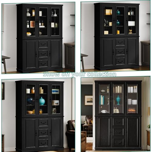 DWVO Kitchen Pantry Cabinet with Glass Doors & Drawers, Tall Large Freestanding 5-Tier Shelf Food Storage Glass Display Cabinets, Modern Farmhouse Cupboard for Dining Room or Living Room, Black