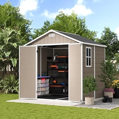 UDPATIO Resin Storage Shed 8 x 6 FT, Plastic Outdoor Storage Shed with Floor Outdside Storage Garden Patio Sheds with Lockable Door for Bike, Garbage Can, Tool, Brown