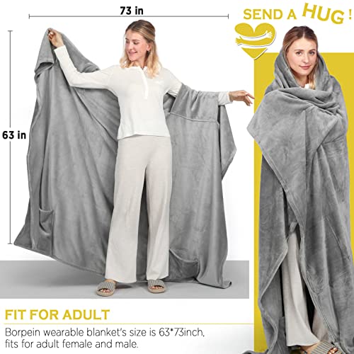 BORPEIN Wearable Blanket With Foot Pocket,Cozy Hug Oversized Wearable Throw Blanket,Soft and Warm for Sofa Lovers for Women Men Adult.One Size Fits All(Gray&White) - Image 2