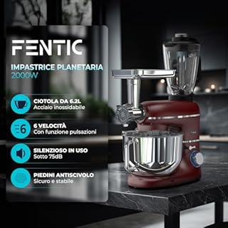 Fentic 6 in 1 Impastatrice Planetaria – 2000W – Con Tritacarne, Frullatore da 1,5L, Tagliaverure, Accessori Extra – Robot da Cucina con Ciotola 6.2L, Frusta, Gancio Impastare, Mescolatore (Rosso)