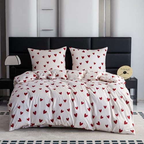 Cotton Market Juego de ropa de cama de 220 x 200 cm y 2 fundas de almohada de 70 x 80 cm con corazones rojos románticos para cama doble de microfibra con cremallera, suave y fácil de limpiar