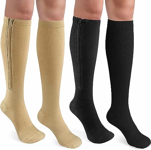 CASMON 2 Pairs Zipper Compression Socks for Women & Men,15-20 mmHg Closed Toe Knee High Support Sock...