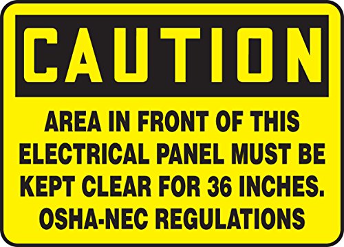 Image of Accuform MELC625XT Legend inchCaution Area in Front of This Electrical Panel Must BE Kept Clear for inch Sign, 10 inch Height, 14 inch Wide, 10 inch Length, 0.060 inch Thickness, Dura-Plastic, Black on Yellow