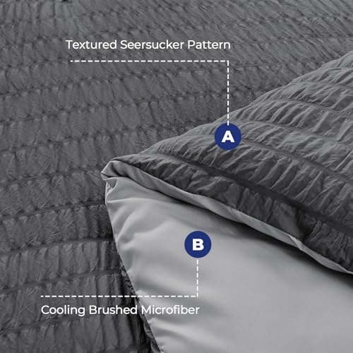 Image of HYMOKEGE Dark Grey /Light Grey Queen Comforter Set Seersucker 7 Pieces, All Season Luxury Bed in a Bag Queen for Bedroom, Bedding Set with Comforter, Sheets, Pillowcases & Shams