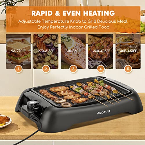 Aigostar Smokeless Indoor Grill, 1200W Electric Grill Non-Stick Cooking Removable Plate & Oil Drip Pan For Healthier Grilling, 5 Adjustable Temperature, Dishwasher-Safe, Grill For Home Roast Party #TOP2