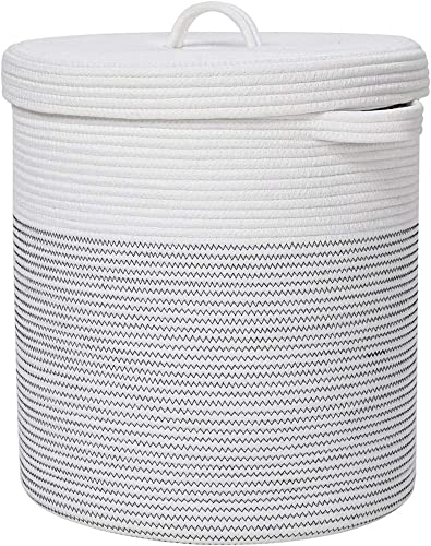Image of GRATIFY Mansa Traders 12 inch x 12 inch x 14 inch Large Storage Basket with Lid, Cotton Rope Storage Baskets, Laundry Hamper, Blankets Pillows Storage in Living Room Baby Nursery, White&Black Stiches with Cover