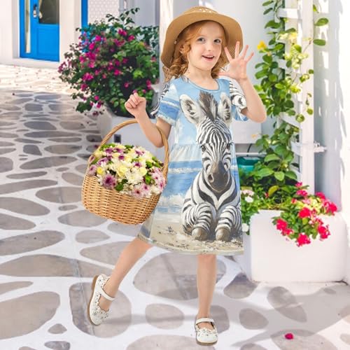 ALAZA Girls' Dresses Cute Zebra on The Beach Short Sleeve Dresses4
