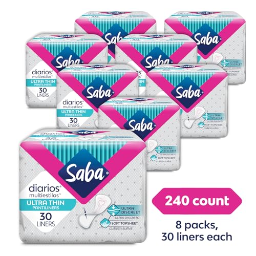 Image of Saba Diarios Ultra Thin Multishape Pantiliners, Flexible & Versatile Panty Liners, 8-Pack of 30 Pads (240 Count)
