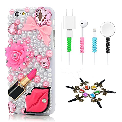 STENES Bling Case Compatible iPhone 11 Pro Max - Stylish - 3D Handmade [Sparkle Series] Flowers Heart Bowknot Sexy Lips Lipstick Design Cover with Cable Protector [4 Pack] - Pink