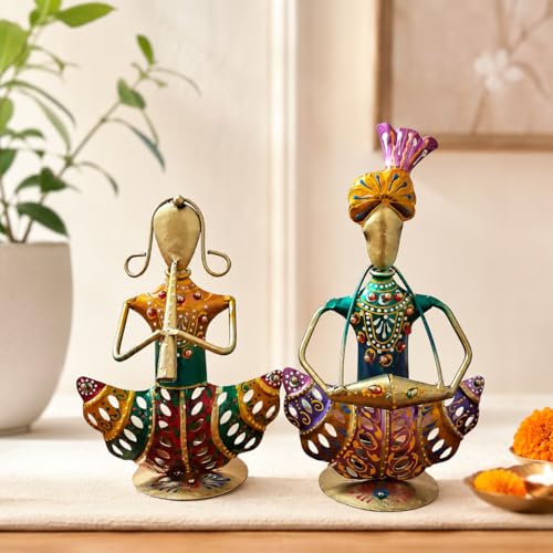 Image of Rajasthani Couple Musician Figurines Set of 2 Handcrafted Traditional Indian Art Showpiece | Decorative Table Decor for Home, Living Room, Office & Shelf Styling