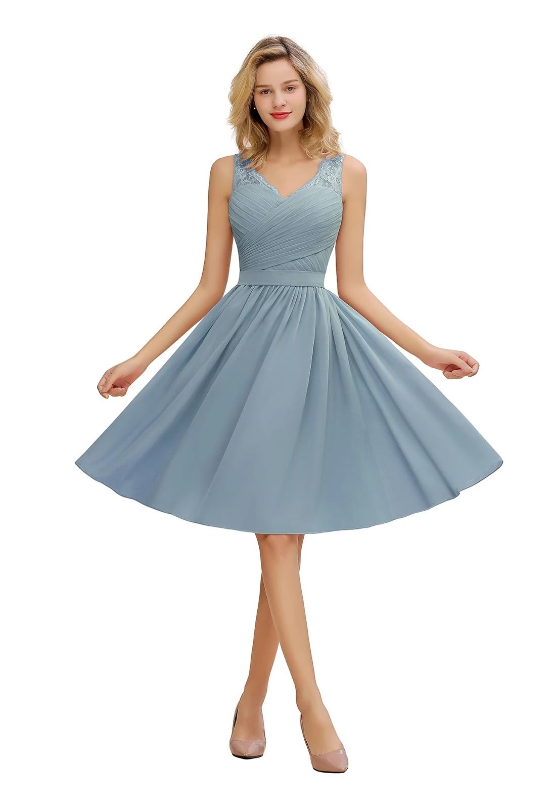 Klassisches Dusty Rose Chiffon A-Linie Brautjungfernkleid for Hochzeitsfeier V-Ausschnitt Ärmellos Spitze Kurzes Abschlussballkleid(Dusty Blue,14)