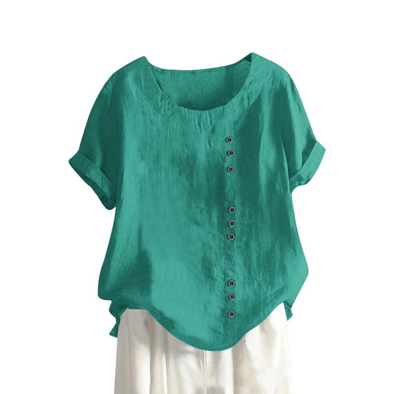 ZOCAVIA Womens Cotton Linen Shirts Summer Casual Boho Floral Short Sleeve Buttons Blouse Oversized Loose Ladies Tunic Tops