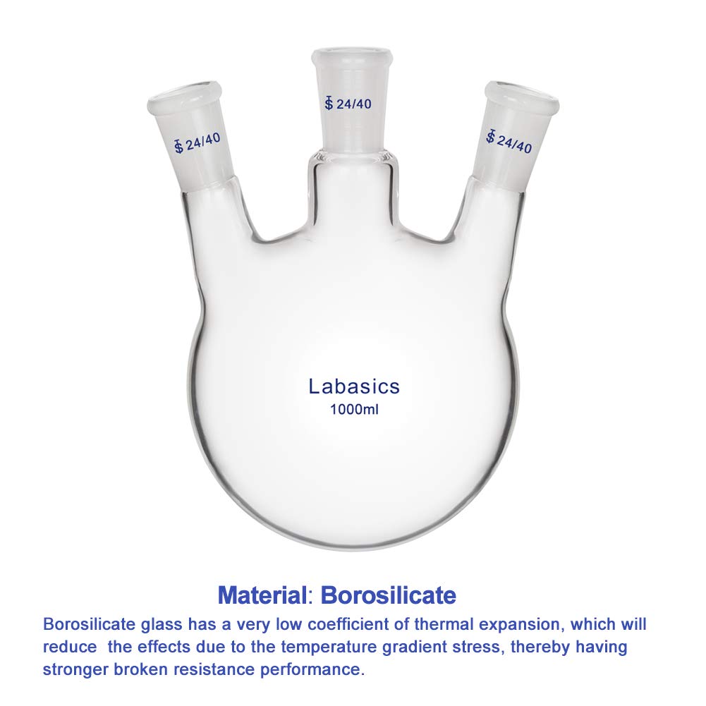 Labasics Vidrio 1000ml RBF Matraz de Fondo Redondo con 3 Cuellos de Ángulos, 3 Neck Round Bottom Flask con Junta Exterior 24/40 Central y Lateral Estándar - 1000ml
