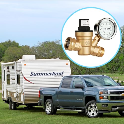 Image of SheeChung RV Water Pressure Regulator, Brass Lead-Free Adjustable Water Pressure Reducer with Gauge, Screw-Adjustable 0-160 PSI, 3 /4 inch GHT for RV, Camper, Trailer, Garden Hose