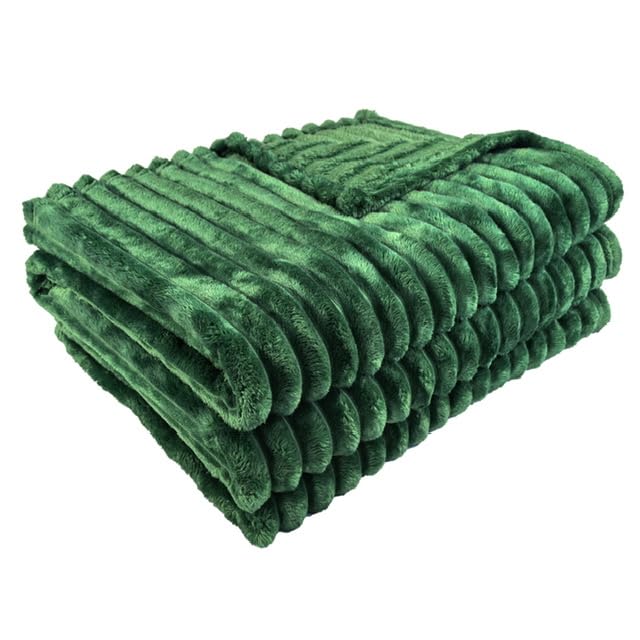Luxury Faux Fur Ribbed Blanket Sofa Large Throw - Thermal Warm & Cosy Thick King Fluffy Throws - Double Fleece Blanket Throw For Sofa Bed Couch (Emerald Green, Double)