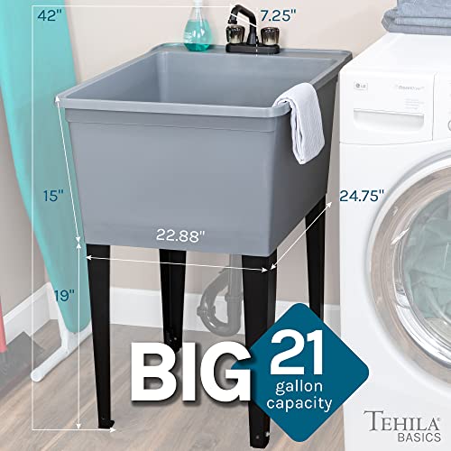 Image of Tehila Basics by JS Jackson Supplies 21-Gallon Grey Freestanding Utility Sink with Black 2-Handle Faucet, Heavy Duty Plastic Laundry Tub with Adjustable Legs