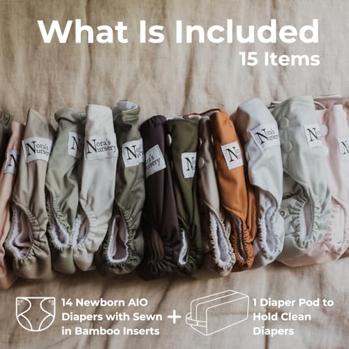 Image of Nora's Nursery Newborn All-in-One Cloth Diaper 14-Pack with Diaper Pod for Clean Storage - Waterproof, Washable, Reusable, and Adjustable for Babies Under 12lbs - Evergreen