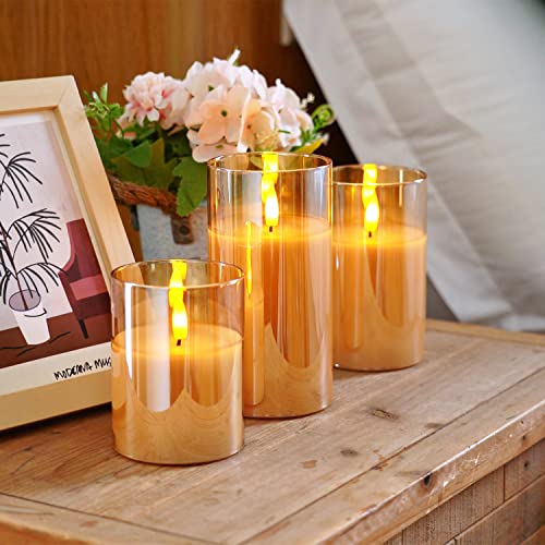 Image of Homemory Amber Glass Flameless Candles, Battery Operated LED Pillar Candles with Remote Control and Timer, Radiance Candles, Real Wax, Set of 3,D3 xH4 5 inch 6 inch