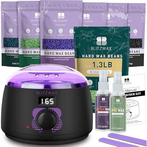 BLITZWAX Digital Wax Machine with 6pcs Waxing Beads for Women Men Hair Removal Wax Warmer for Facial/Armpit/Bikini/Brazilian/Body, Aloe Vera Hard Wax Beans with 30pcs Wooden Wax Sticks for Home/Salon Cover