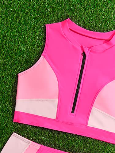 Image of COZYEASE Girls' 2 Piece Swimsuits Colorblock Zipper Front Cute Bikini Set High Waisted Bathing Suit Hot Pink 11 Years