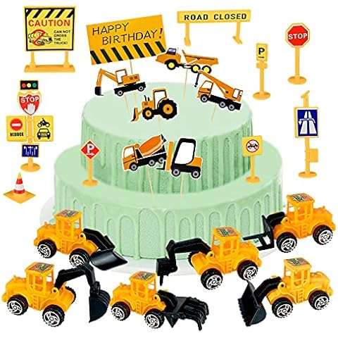 Excavator Cake Decoration Construction Vehicles Kids Toy Digger Traffic Signs Toy Sticker Digger Construction Vehicles Set Cake Decoration Digger Kids Cake Decoration Birthday Boy 22pcs [Yellow] Cover