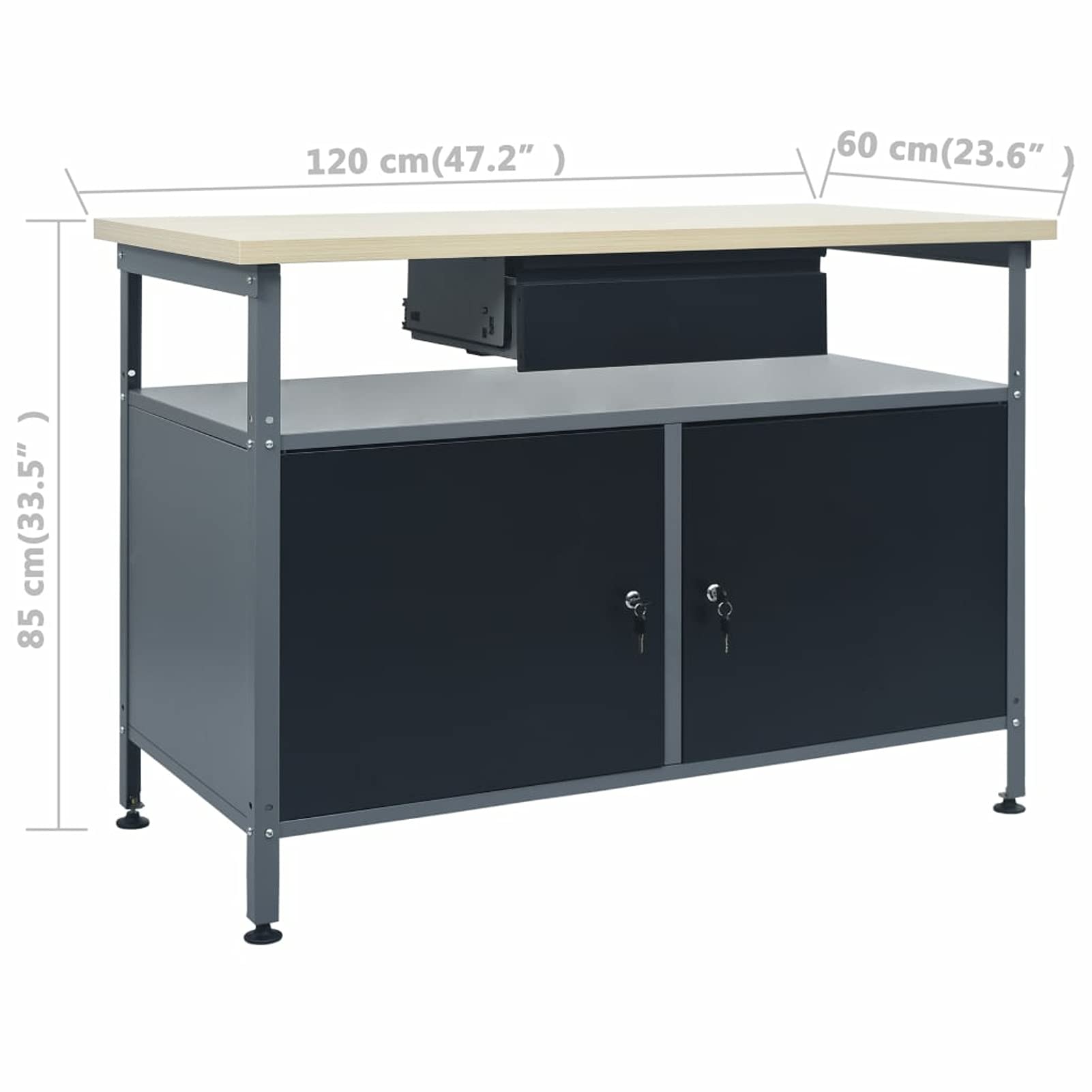 Banco de Trabajo con Cajones y Armario con Llave, Mesa de Trabajo, Banco de Trabajo Taller, Mesa de Soldadura, Banco de Carpintero, Banco Herramientas 120 x 60 x 74 cm