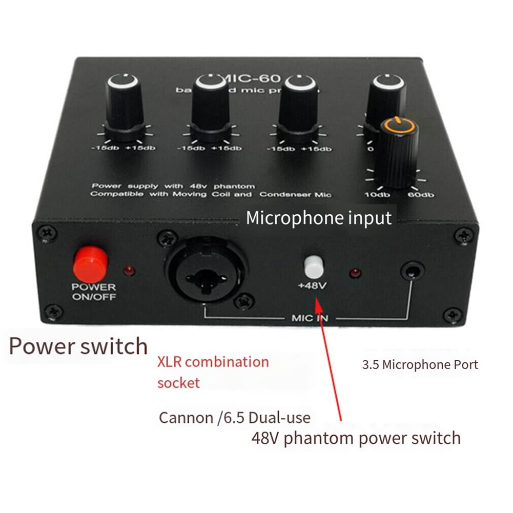 Amplificatore Microfonico Dinamico Bilanciato Amplificatore Audio Musicale MIC-60 con Alimentazione Phantom 48V con da 3,5 mm