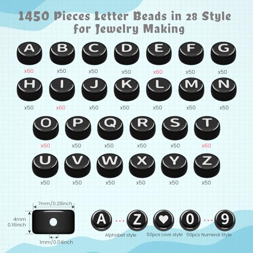 FZIIVQU 1450 Piece Letter Beads Kit, 4x7 mm Black Acrylic Alphabet & Number Beads for Jewelry Making Heart & Friendship Bracelet Making - Image 2